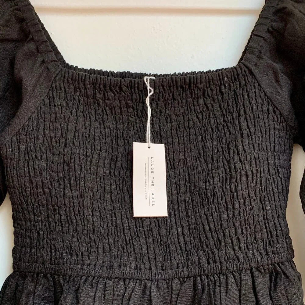 NWT LAUDE The Label Smocked Bodice Dress in Black Linen - Picture 3 of 6
